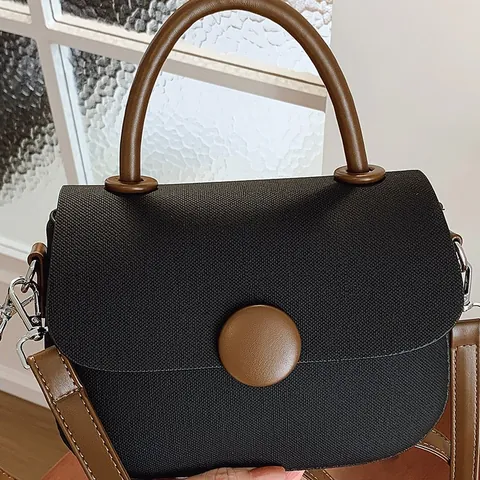 Minimalist Women Small Square Bag Vintage Fabric PU Leather Handbag With Round Button Decor Adjustable Shoulder Strap