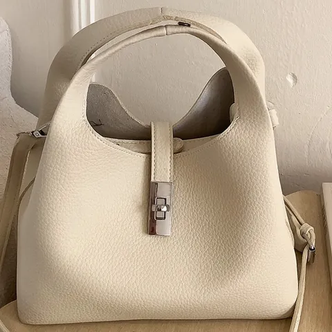 Women Retro Lychee Pattern PU Leather Bucket Bag Minimalist Fashion Handbag Shoulder Crossbody Bag With Metal Lock Pouch