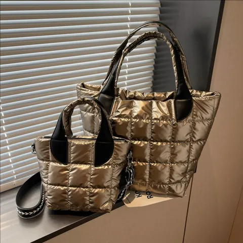 Quilted Puffer Tote Bag Metallic Oxford Cloth Spacious Waterproof Shoulder Crossbody Bucket Bag For Women Daily Casual Fashion