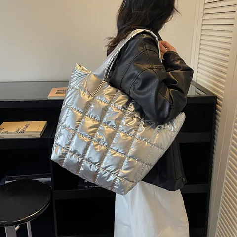 Quilted Puffer Tote Bag Metallic Oxford Cloth Spacious Waterproof Shoulder Crossbody Bucket Bag For Women Daily Casual Fashion