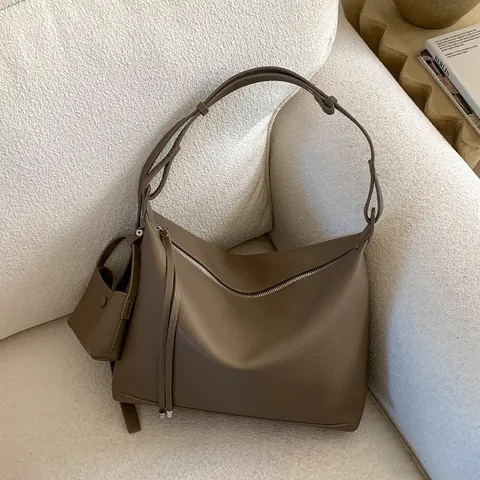 Borsa Tote da Donna in Pelle PU Grana Litchi Grande Capacità Minimalista Hobo Borsa a Tracolla Con Pochette Removibile Retrò