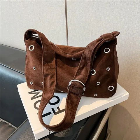 Bolso Baguette de Gamuza Vintage para Mujer Con Decoración de Ojales Plateados Color Sólido Bolso Bandolera Versátil Diario