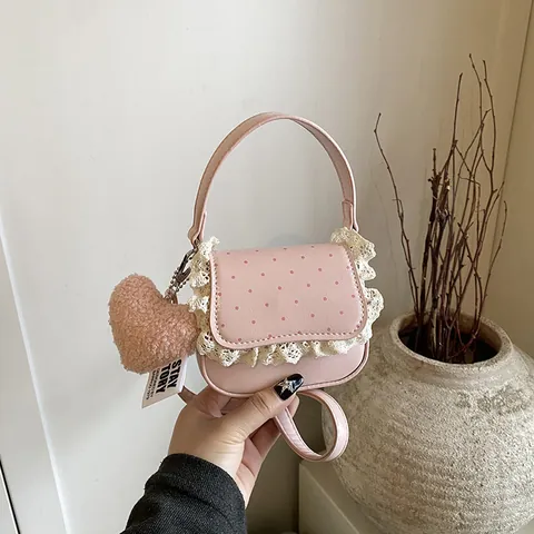 Sweet Polka Dot Lace Mini Crossbody Bag For Girls Women PU Leather Cute Handbag With Plush Heart Pendant Daily Fashion Bag