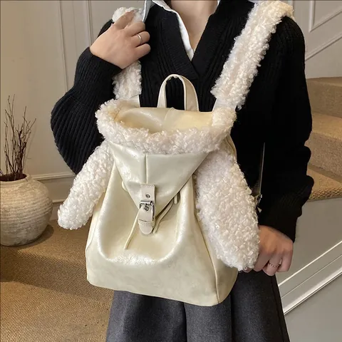 Damen Süßer Hasenohr Plüsch PU Leder Rucksack Lässig Lammwolle Patchwork Winter Mode Schultertasche Schule Reise Tasche