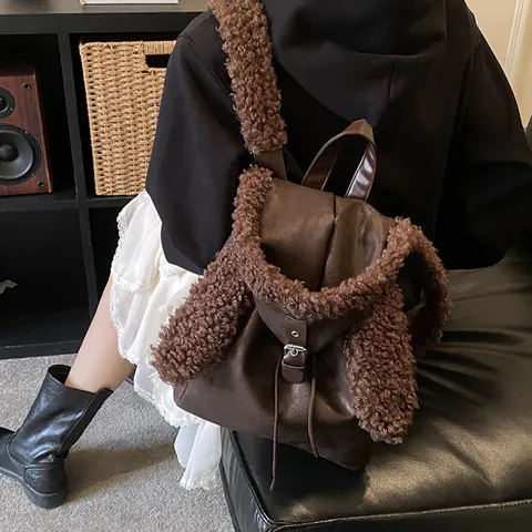 Damen Süßer Hasenohr Plüsch PU Leder Rucksack Lässig Lammwolle Patchwork Winter Mode Schultertasche Schule Reise Tasche