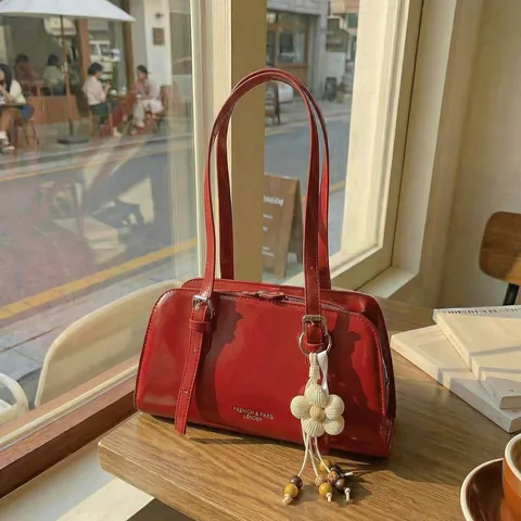 Women's Glossy PU Leather Shoulder Bag Rectangular Underarm Bag With Flower Pendant Retro Minimalist Fashion Tote Handbag