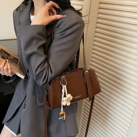 Women's Glossy PU Leather Shoulder Bag Rectangular Underarm Bag With Flower Pendant Retro Minimalist Fashion Tote Handbag