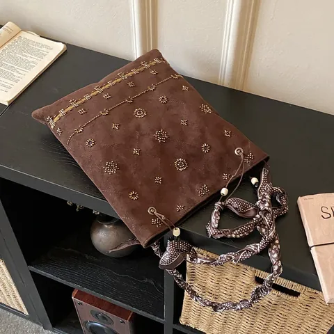Women Vintage Ethnic Suede Tote Bag Heavy Beaded Embroidery Large Capacity Shoulder Bag With Silk Scarf Casual Travel Handbag