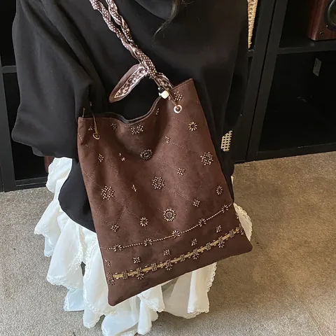 Women Vintage Ethnic Suede Tote Bag Heavy Beaded Embroidery Large Capacity Shoulder Bag With Silk Scarf Casual Travel Handbag