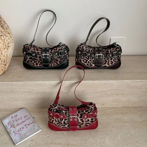 Borsa da Sottobraccio Vintage con Stampa Leopardata Donna Pelle PU Cuciture a Contrasto Borchie Fibbia Y2K Borsa a Tracolla Retro Moda