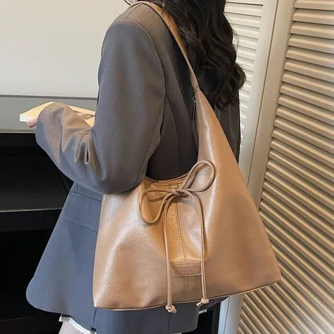 Bolso Tote de Cuero PU Vintage para Mujer Gran Capacidad Bolso Hobo de Hombro Con Lazo Cordón Urbano Bolso de Mano Simple