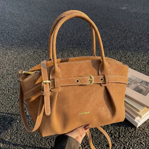 Women's Vintage PU Leather Shoulder Bag With Pleated Design Contrast Stitching Belt Buckle Office Commute Crossbody Handbag