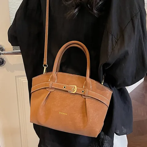 Women's Vintage PU Leather Shoulder Bag With Pleated Design Contrast Stitching Belt Buckle Office Commute Crossbody Handbag