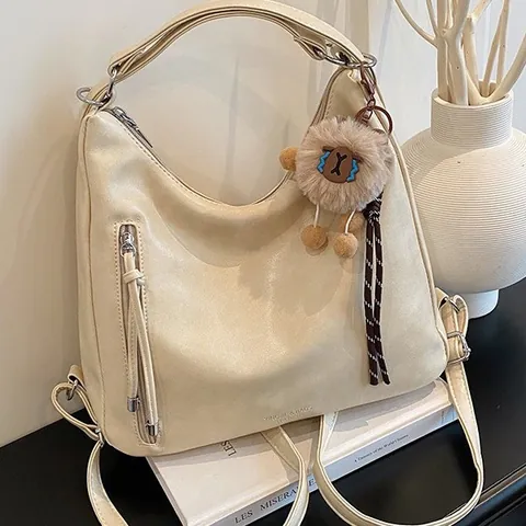 Women's Vintage PU Leather Hobo Shoulder Bag Large Capacity Crossbody Tote Bag With Plush Pendant Multi-Functional Backpack