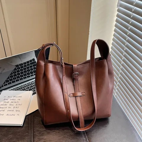 Vintage Women PU Leather Tote Bag Large Capacity Minimalist Shoulder Handbag Decorative Belt Buckle Commute Daily Bag