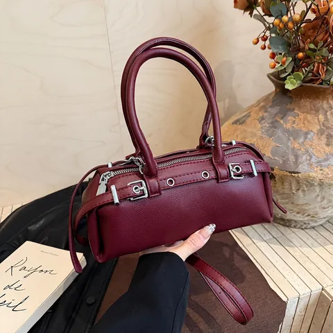Bolso de Mano de Cuero PU para Mujer Bolso de Axila Con Hebilla de Cinturón Vintage Color Sólido Bolso de Hombro para el Viaje Diario