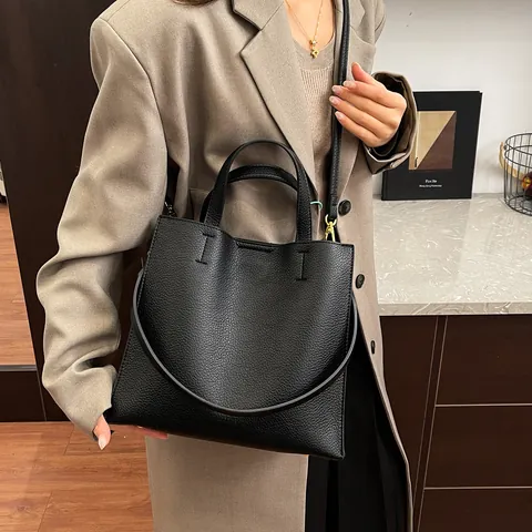 Sac Cabas Femme en Cuir Véritable Motif Litchi Sac à Main Vachette Avec Bandoulière Amovible Bureau Navette Sac Carré