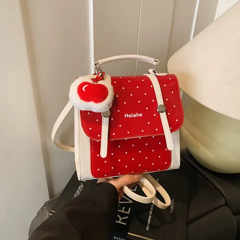 Vintage Women Polka Dot Backpack Small PU Leather Handbag Heart Plush Pendant Sweet Preppy Style School Bag Casual Travel Top Handle Bag
