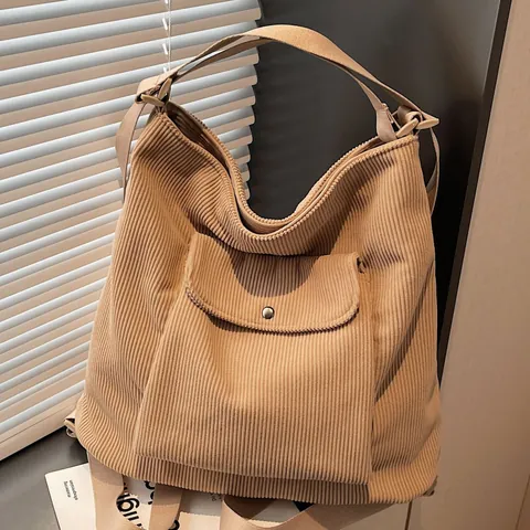 Borsa Tote da Donna in Velluto a Coste Grande Capacità Zaino Multifunzionale Semplice Borsa per Pendolari Quotidiana Con Tasca Frontale