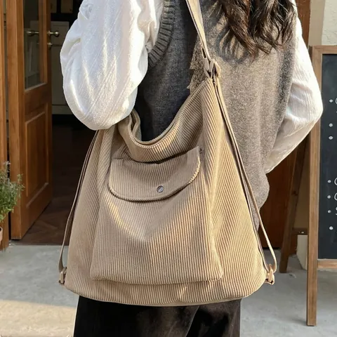 Borsa Tote da Donna in Velluto a Coste Grande Capacità Zaino Multifunzionale Semplice Borsa per Pendolari Quotidiana Con Tasca Frontale