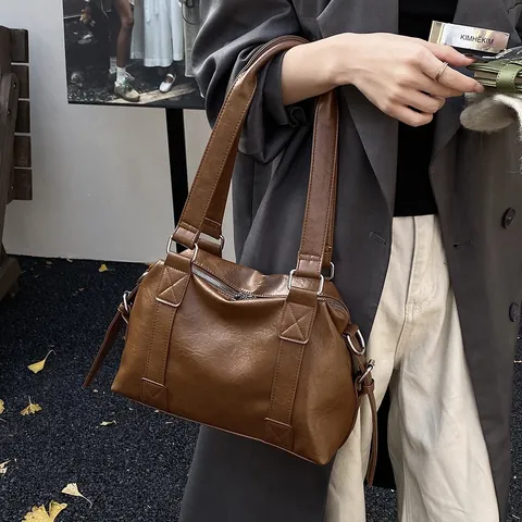 Bolso Tote de Cuero PU Vintage de Gran Capacidad para Mujer Color Sólido Retro Bolso de Hombro Con Correa Cruzada