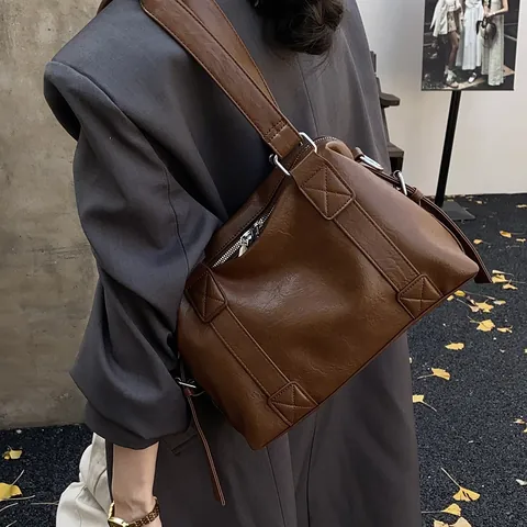 Bolso Tote de Cuero PU Vintage de Gran Capacidad para Mujer Color Sólido Retro Bolso de Hombro Con Correa Cruzada