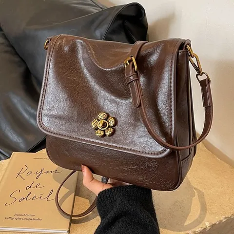 Bolso Bandolera de Cuero PU Vintage para Mujer Bolso de Hombro de Gran Capacidad Con Cierre de Flor de Metal Retro Tote Daily