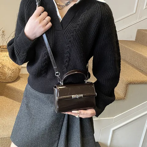Vintage Glänzende Lackleder Kleine Quadratische Tasche Für Damen Luxus Tragegriff Schulter Umhängetasche Mit Silbernem Schloss