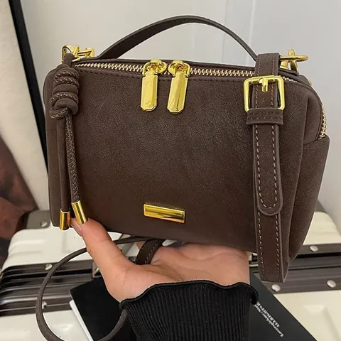 Damen Retro PU-Leder Boston Umhängetasche Minimalistische Einfarbige Schultertasche Mit Goldenen Beschlägen Verstellbarer Riemen