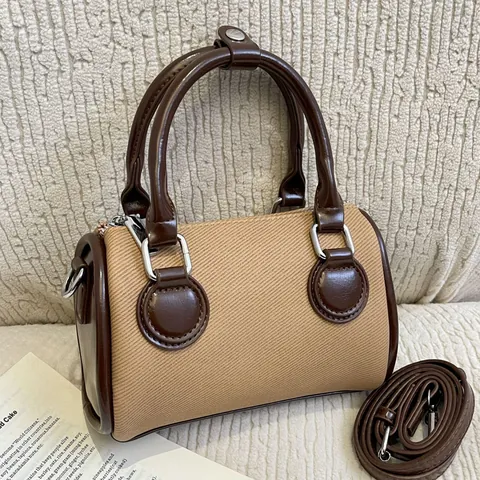 Women Casual Canvas PU Leather Boston Bag Retro Contrast Color Cylinder Handbag Crossbody Shoulder Bag Removable Strap