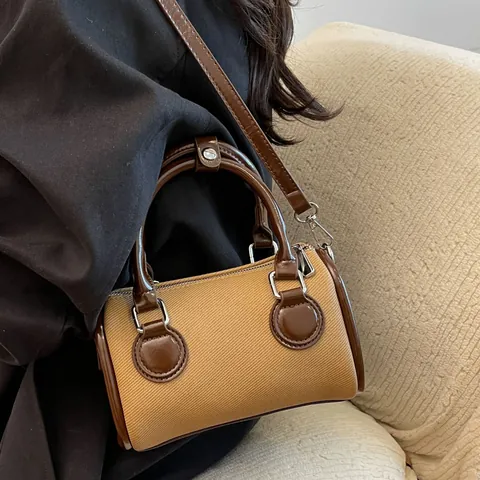 Women Casual Canvas PU Leather Boston Bag Retro Contrast Color Cylinder Handbag Crossbody Shoulder Bag Removable Strap