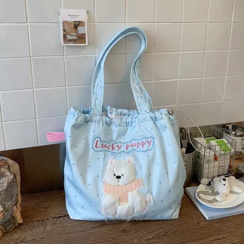 Women Cute Lucky Puppy Cartoon Dog Embroidered Canvas Tote Bag Large Capacity Korean Style Drawstring Shoulder Bag Casual Commuter Handbag