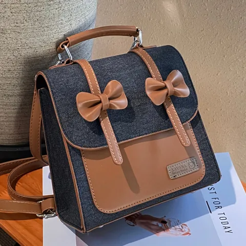 Retro Women Bow Denim PU Leather Backpack Multi Purpose Shoulder Bag Casual Travel Handbag Korean Style Student Bookbag