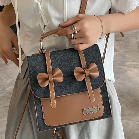 Retro Women Bow Denim PU Leather Backpack Multi Purpose Shoulder Bag Casual Travel Handbag Korean Style Student Bookbag