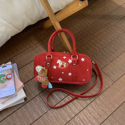 Women Cute Red Star Rocking Horse Embroidery Boston Bag PU Leather Vintage Style Handbag Crossbody Bag With Shoulder Strap