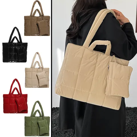 Borsa Tote Trapuntata alla Moda da Donna Grande Capacità Borsa a Tracolla Imbottita Con Pochette Piccola Borsa Lavoro Casual Invernale