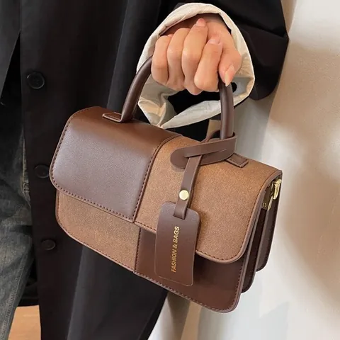 Women Colorblock Patchwork PU Leather Suede Handbag Crossbody Square Bag Gold Chain Strap Shoulder Purse Mini Pouch Daily Use