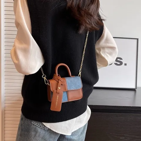 Women Colorblock Patchwork PU Leather Suede Handbag Crossbody Square Bag Gold Chain Strap Shoulder Purse Mini Pouch Daily Use