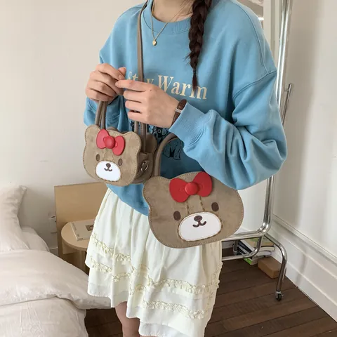 Süße Cartoon Bär Handtasche Für Damen Mädchen Cord PU Leder Umhängetasche Mit Schleife Dekor Retro Lässig Kleine Quadratische Tasche