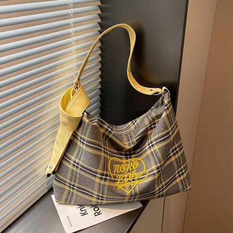 Borsa Tote in Tela a Quadri da Donna Grande Capacità Borsa a Spalla Casual con Ricamo a Cuore e Tracolla in Pelle PU Annodata