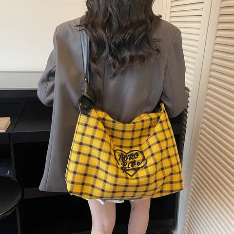 Borsa Tote in Tela a Quadri da Donna Grande Capacità Borsa a Spalla Casual con Ricamo a Cuore e Tracolla in Pelle PU Annodata