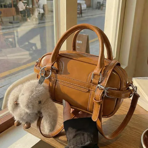 Vintage Koreanischer Stil Glänzend PU Bowling Tasche Mit Plüsch Hase Anhänger Retro Verstellbarer Riemen Handtasche Damen