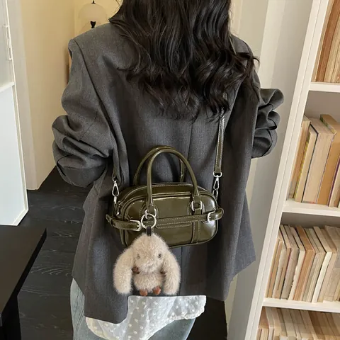 Vintage Koreanischer Stil Glänzend PU Bowling Tasche Mit Plüsch Hase Anhänger Retro Verstellbarer Riemen Handtasche Damen