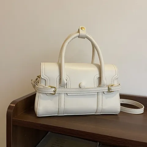 Vintage PU Leather Handbag For Women Retro Commuting Shoulder Bag With Detachable Strap Fashion Contrast Stitching Crossbody Bag