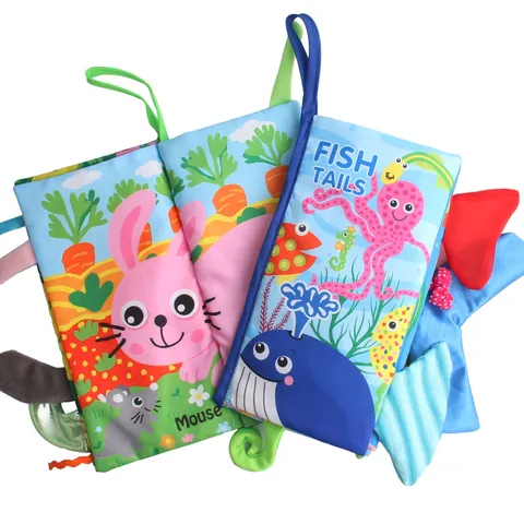 Libro de Tela Sensorial para Bebé Con Colas de Animales 3D Libro de Tela Crujiente Suave Juguete de Aprendizaje Educativo Temprano para Bebés Lavable Tema Animales Peces