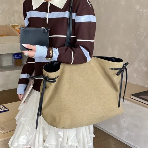 Grand Sac Fourre-tout en Toile pour Femmes Avec Pochette Zippée Décontracté Couleur Unie Sac à Bandoulière Kaki Gris Noir
