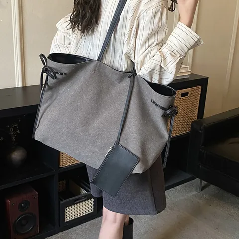 Grand Sac Fourre-tout en Toile pour Femmes Avec Pochette Zippée Décontracté Couleur Unie Sac à Bandoulière Kaki Gris Noir