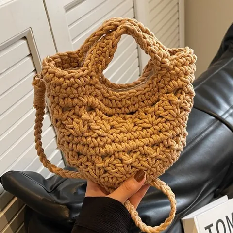 Women Hand Woven Cotton Rope Bucket Bag Hollow Out Summer Beach Vacation Crossbody Shoulder Bag Small Fashion Handbag