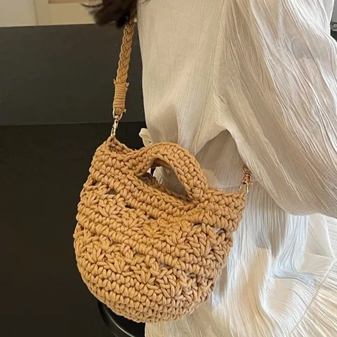 Women Hand Woven Cotton Rope Bucket Bag Hollow Out Summer Beach Vacation Crossbody Shoulder Bag Small Fashion Handbag