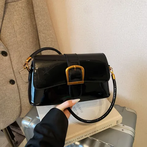 Vintage Lackleder Achseltasche Für Damen Retro Gold Pferdebissschnalle Schultertasche Glänzende PU Handtasche Umhängetasche